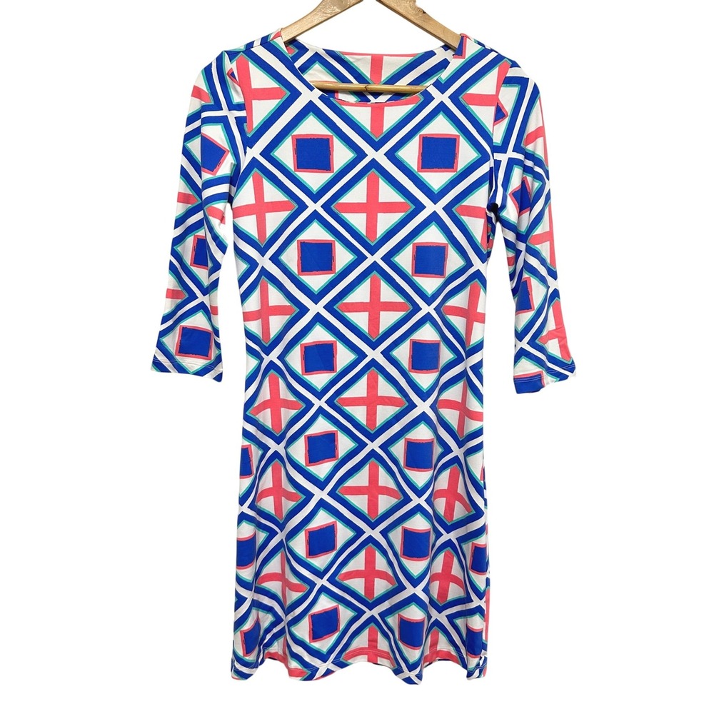 MAHI GOLD Resort Shift Dress Womens Small Geometric 3/4 Sleeve‎ Nautical Preppy